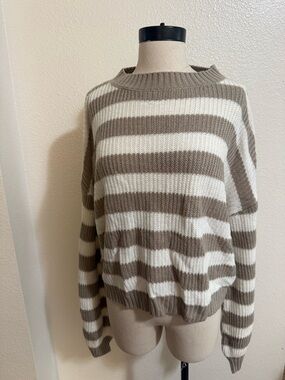 Striped Chunky Knit Sweater - Cream & Taupe